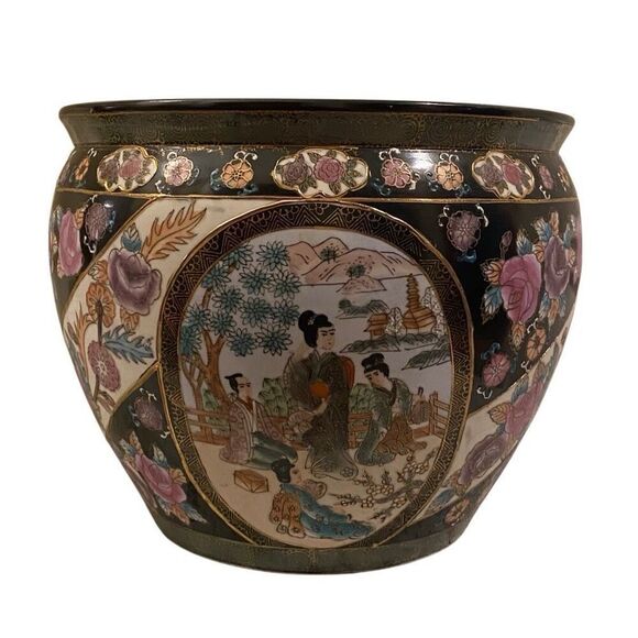 VintageMandarin Family Porcelain Fishbowl Planter Chinese Vase Hand Painted - Picture 1 of 12